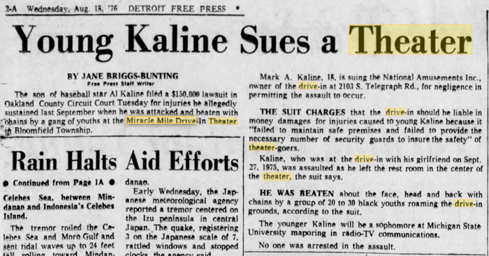 Miracle Mile Drive-In Theatre - Al Kaline Son Lawsuit August 1976